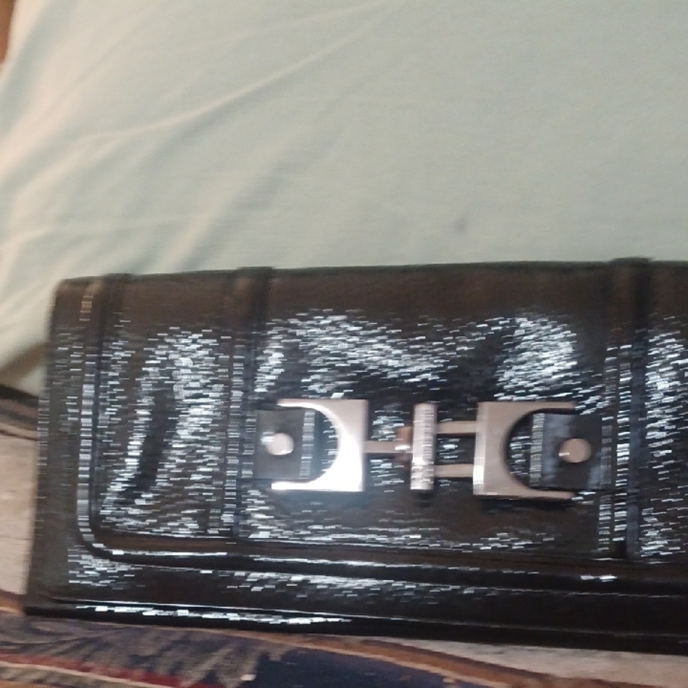 Glossy Black Clutch with Silver Accent
